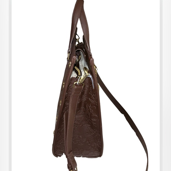 BETSEY JOHNSON XL BROWN SKULLS & ROSES TOTE RHINESTONE SKULL PURSE CHARM NWT - Picture 4 of 13